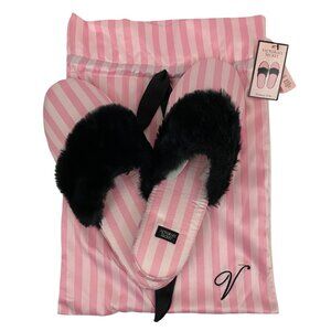Victoria’s Secret Satin Pink Striped Slippers Black Faux Fur Slip Ons Size M 7/8